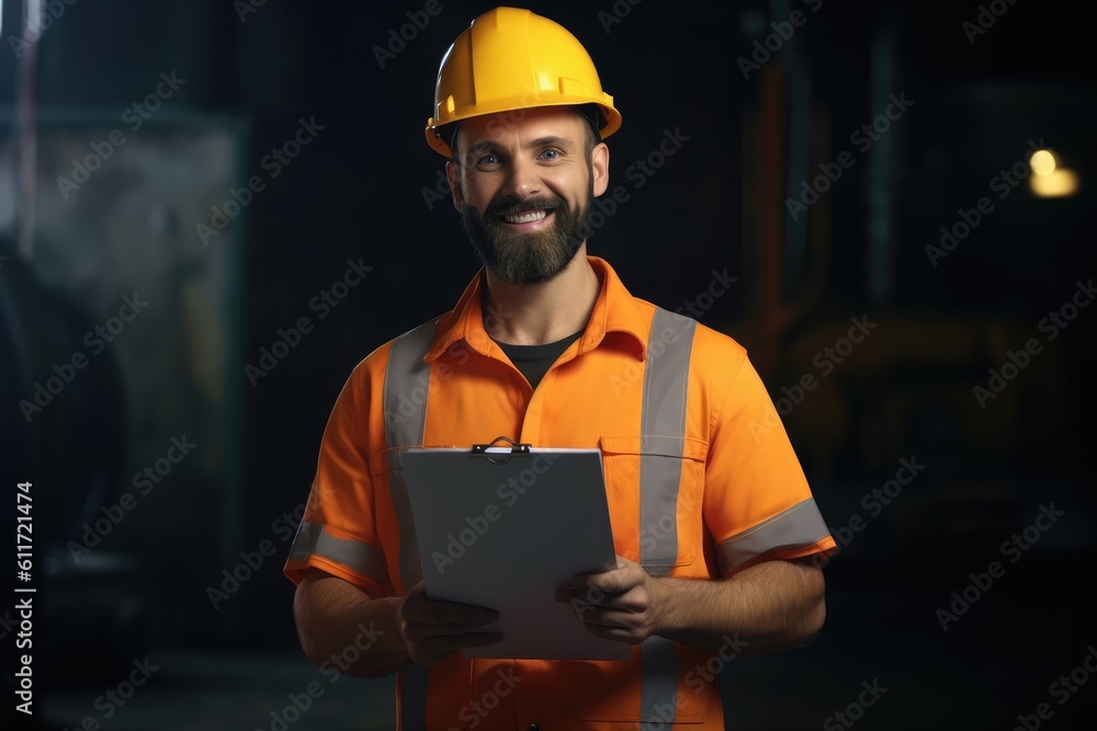 Poster smiling photo of worker man inside factory. generative ai