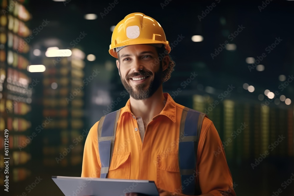Poster smiling photo of worker man inside factory. generative ai