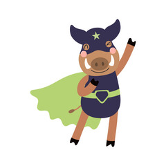 Cute funny wild boar superhero in costume cartoon character illustration. Hand drawn Scandinavian style flat design, isolated vector. Kids print element, cool, brave animal, comic book super hero