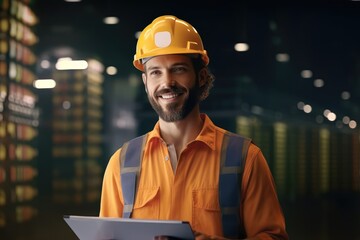 Obraz premium Smiling photo of worker man inside factory. Generative AI