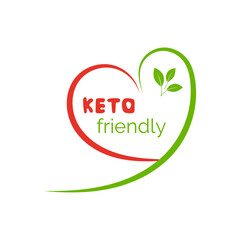 Keto friendly diet icon. Green vegetables heart badge with leaves for eco nutrition isolated on white background
