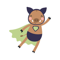Cute funny wild boar superhero in costume cartoon character illustration. Hand drawn Scandinavian style flat design, isolated vector. Kids print element, cool, brave animal, comic book super hero