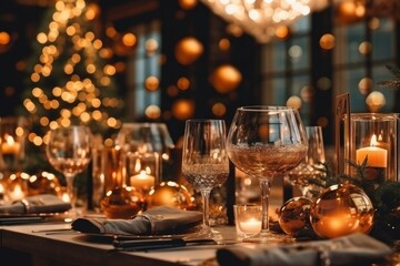 Photo of a beautiful dinner table prepared for New Year's Eve. Generative AI