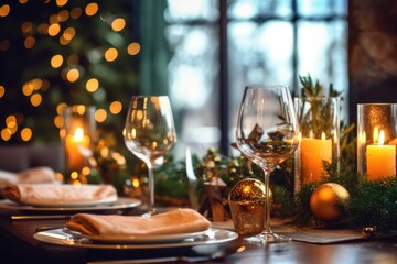 Photo of a beautiful dinner table prepared for New Year's Eve. Generative AI