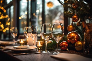 Fototapeta na wymiar Photo of a beautiful dinner table prepared for New Year's Eve. Generative AI