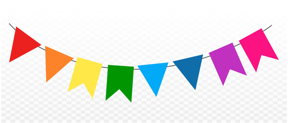 Obraz premium Colorful pennant bunting ribbon on transparent background. Happy carnival. Confetti festive colorful carnival illustration. Celebration background.