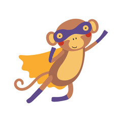 Cute funny monkey superhero in costume cartoon character illustration. Hand drawn Scandinavian style flat design, isolated vector. Kids print element, cool, brave animal, comic book super hero