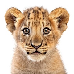 lion cub face shot, isolated on white background, generative AI