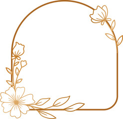 Elegant gold frame with flowers and leaves line art for wedding or engagement, greeting card, or monogram logo design