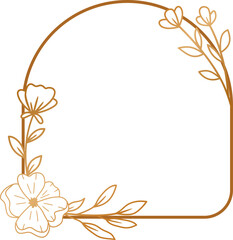 Elegant gold frame with flowers and leaves line art for wedding or engagement, greeting card, or monogram logo design