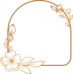Elegant gold frame with flowers and leaves line art for wedding or engagement, greeting card, or monogram logo design