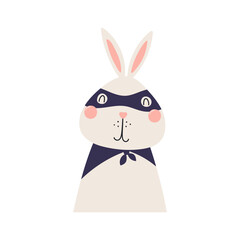 Cute funny rabbit superhero in costume cartoon character illustration. Hand drawn Scandinavian style flat design, isolated vector. Kids print element, cool, brave animal, comic book super hero