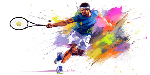 Illustration with dynamic scene of a tennis player with racket in splashes of colorful water on white background with space for text. Generative AI - obrazy, fototapety, plakaty