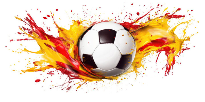 Soccer in colorful water splashes, on white background. Abstract white background with colored floating liquids and realistic soccer with colors of the spanish flag. Generative AI