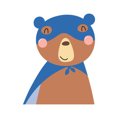 Cute funny bear superhero in costume cartoon character illustration. Hand drawn Scandinavian style flat design, isolated vector. Kids print element, cool, brave animal, comic book super hero