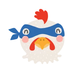 Foto op Plexiglas Cute funny chicken superhero face in mask cartoon character illustration. Hand drawn Scandinavian style flat design, isolated vector. Kids print element, cool, brave animal, comic book super hero © Maria Skrigan