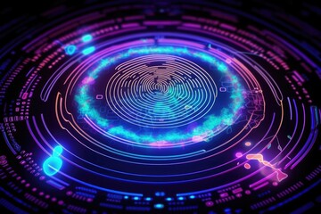 Fototapeta premium Advanced security technology, neon light background with fingerprint sensor. Generative AI