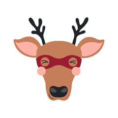 Fototapeta na wymiar Cute funny deer superhero face in mask cartoon character illustration. Hand drawn Scandinavian style flat design, isolated vector. Kids print element, cool, brave animal, comic book super hero