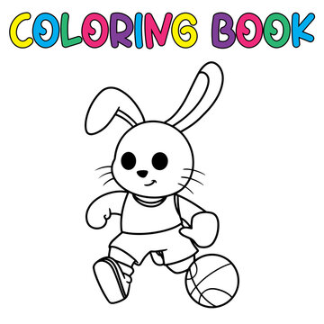 Coloring book cute bunny playing basketball - vector illustration.