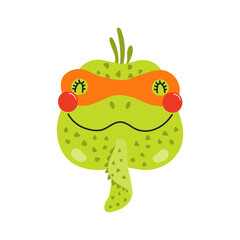 Cute funny iguana superhero face in mask cartoon character illustration. Hand drawn Scandinavian style flat design, isolated vector. Kids print element, cool, brave animal, comic book super hero