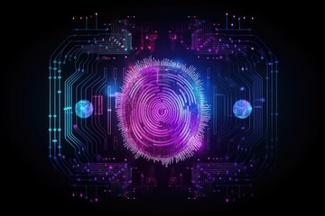 Fototapeta premium Advanced security technology, neon light background with fingerprint sensor. Generative AI