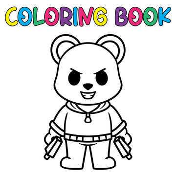 Coloring book cute panda bear holding a gun - vector illustration.