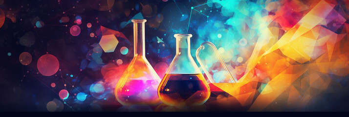 Chemistry science research lab background with a glass flask and vial and a vibrant digital abstract banner, banner, generative AI - obrazy, fototapety, plakaty