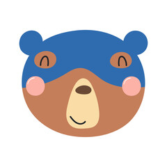 Cute funny bear superhero face in mask cartoon character illustration. Hand drawn Scandinavian style flat design, isolated vector. Kids print element, cool, brave animal, comic book super hero