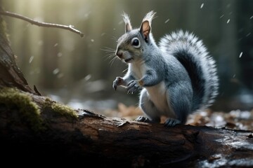 Naklejka na ściany i meble Photo of a squirrel walking on a tree branch. Generative AI