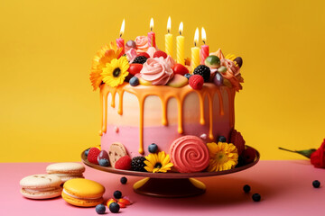 Summer birthday cake, yellow pink background