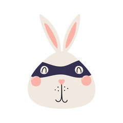 Cute funny rabbit superhero face in mask cartoon character illustration. Hand drawn Scandinavian style flat design, isolated vector. Kids print element, cool, brave animal, comic book super hero