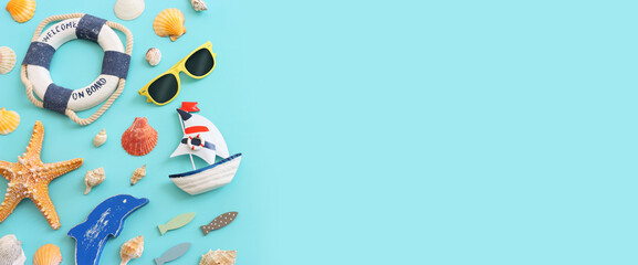 nautical, vacation and travel banner with sea life style objects. Top view