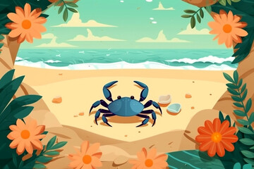 Fototapeta na wymiar Summer frame crab, sand background