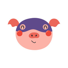 Cute funny pig superhero face in mask cartoon character illustration. Hand drawn Scandinavian style flat design, isolated vector. Kids print element, cool, brave animal, comic book super hero