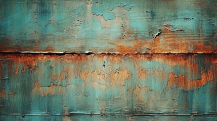 Distressed painted surface. Teal, cyan, turquoise  antique and aged metal, wall. vintage texture backdrop. Generative AI.