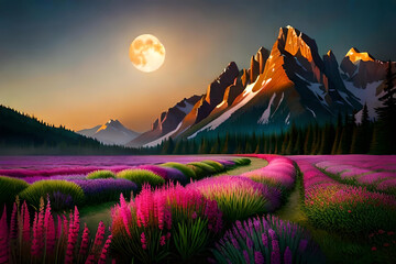 A moonlit meadow comes alive with a symphony of colors as the moon casts its ethereal light upon blooming flowers. The gentle breeze carries the fragrance of nature