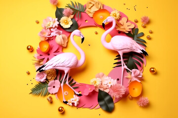 Summer frame flamingo tropical, yellow pink background
