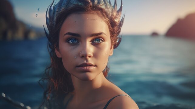 Portrait of a beautiful mermaid girl, nearby sea Generative AI