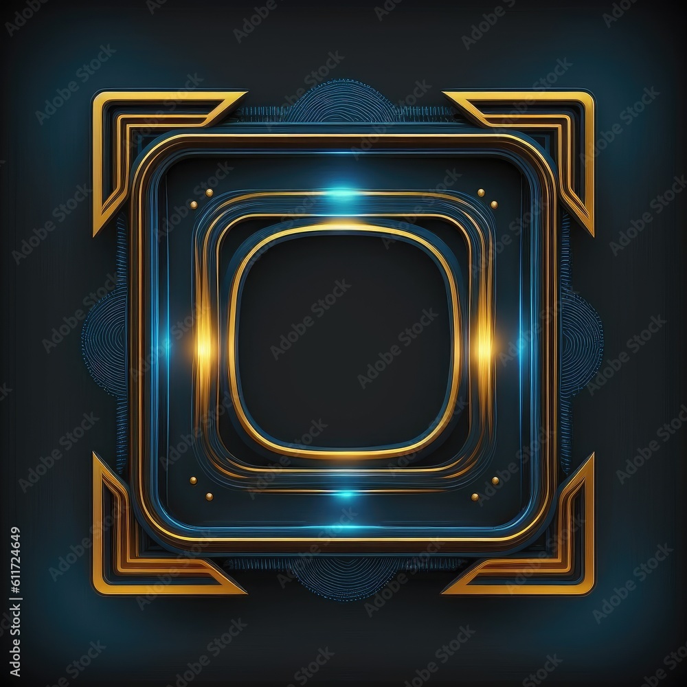 Poster abstract art of multi layer glowing golden and blue square frame with vivid in chevrons game design.