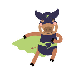Cute funny wild boar superhero in costume cartoon character illustration. Hand drawn Scandinavian style flat design, isolated vector. Kids print element, cool, brave animal, comic book super hero