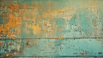 Fototapeta na wymiar Distressed painted surface. Teal, turquoise and antique aged metal, wall. Vintage texture backdrop. Generative Ai.