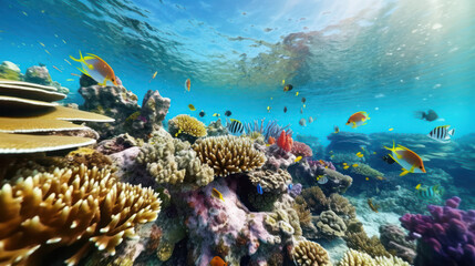 Wonderful and beautiful underwater world with corals fish with Blacktail butterflyfish and sailfin tang on coral garden in red sea. Generative AI