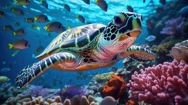 Underwater scene with Green Sea Turtle swimming among colorful coral reef in clear blue water. Generative AI