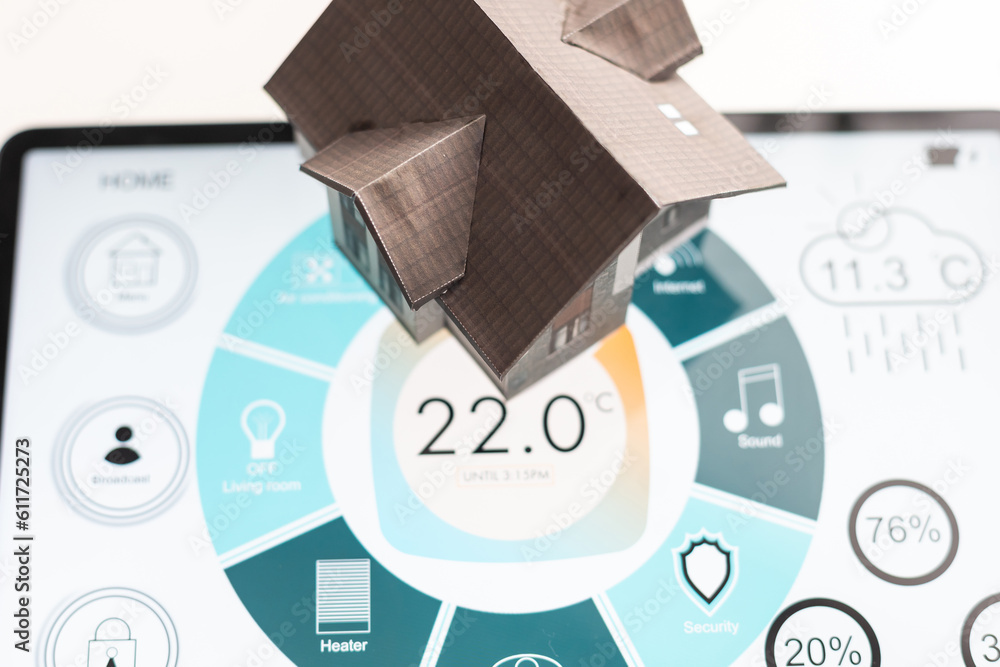 Poster small house model is on screen tablet and icons home electronics devices connecting with wireless. s