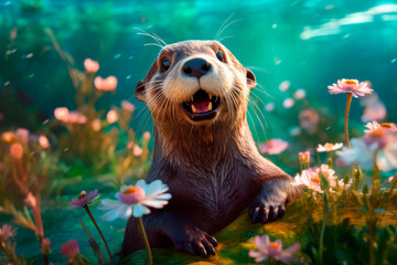 friendly and charismatic otter character involved in an everyday activity, animal influencer, animals banner, Generative AI
