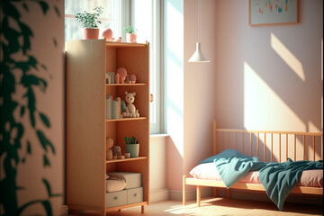 Children's bright room in modern Scandinavian style, eco concept with wooden elements, toys. Generative ai edited