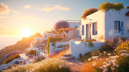 Vacation villa in the Mediterranean. Greece at sunset. Generative ai