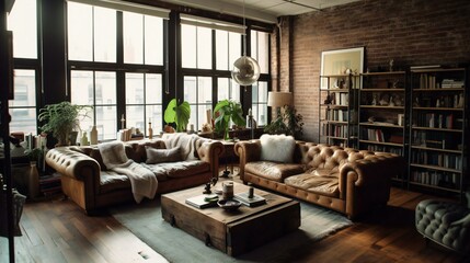 Fototapeta premium Urban Loft Living Room Interior, Exposed Brick Wall, Leather Sofas, Vintage Bookshelves, Large Windows, Soft Ambient Lighting in New York City - Generative AI.