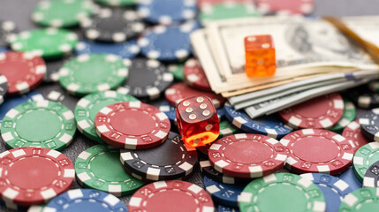 Poker combination with chips and win dollars in casino table. gambling