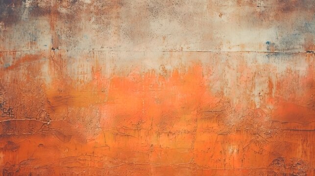 Distressed painted surface, orange, antique and aged metal, wall. Vintage texture backdrop. Generative Ai.